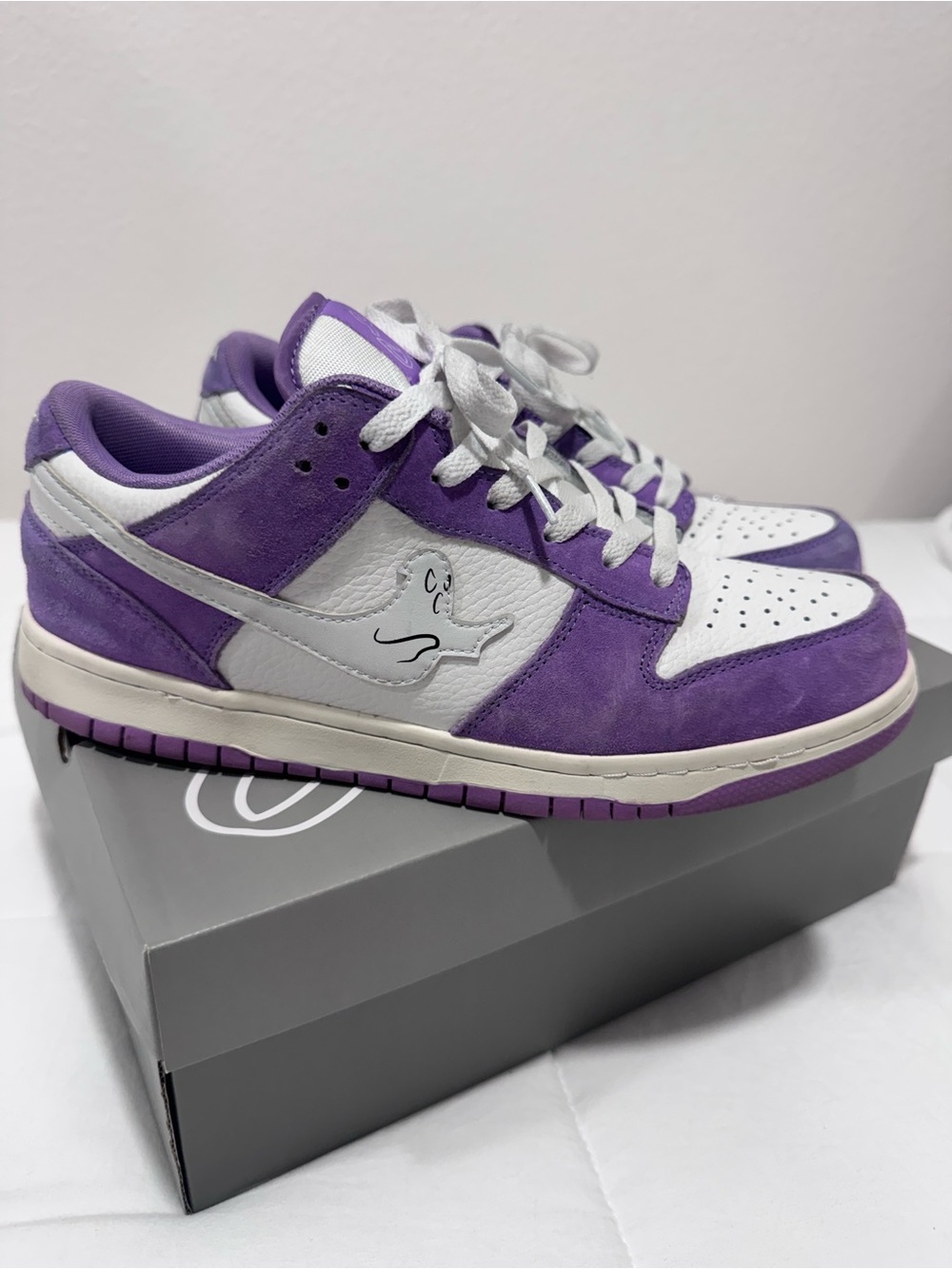 Purple and White Low-Top Sneakers with Ghost Logo